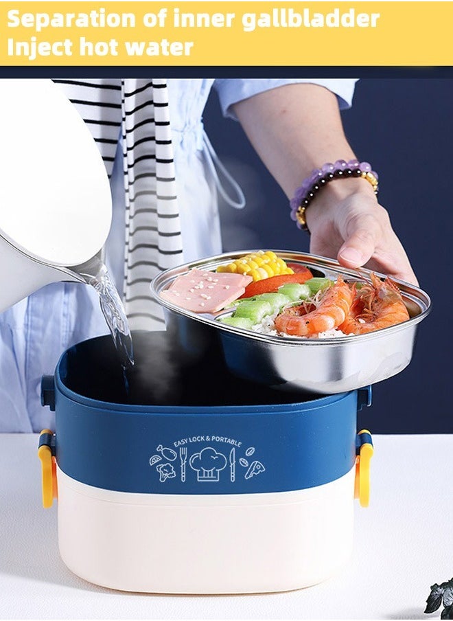 HOMESTAR - Double Layer 304 Stainless Steel Bento Box with 3 Compartments Lunch Box with handle 1200ml Food Container For Student Worker Navy/White - Image 1