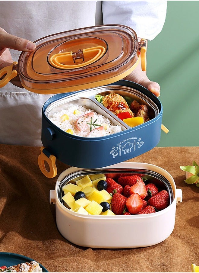 HOMESTAR - Double Layer 304 Stainless Steel Bento Box with 3 Compartments Lunch Box with handle 1200ml Food Container For Student Worker Navy/White - Image 1