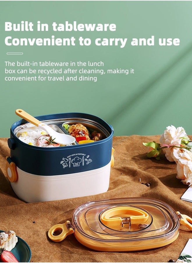 HOMESTAR - Double Layer 304 Stainless Steel Bento Box with 3 Compartments Lunch Box with handle 1200ml Food Container For Student Worker Navy/White - Image 1