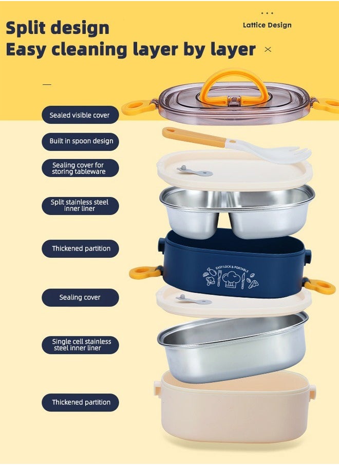 HOMESTAR - Double Layer 304 Stainless Steel Bento Box with 3 Compartments Lunch Box with handle 1200ml Food Container For Student Worker Navy/White - Image 1