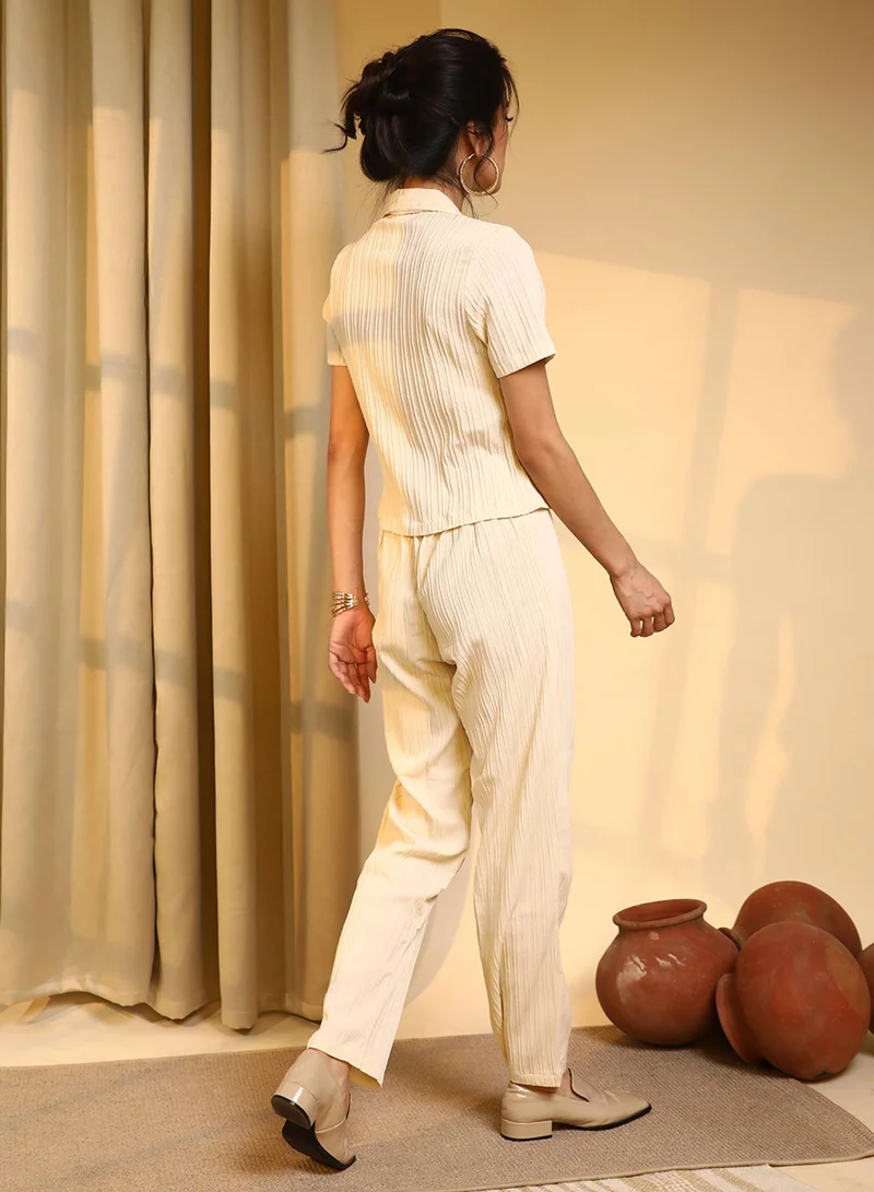 PINACOLADA  Women's Pale Yellow Textured Co-Ord Set For Casual Wear | Cuban Collar | Short Sleeve | Button Closure | Co-Ords Designed With Comfortable Fit For Woman & Girls for Women | Best Price UAE
