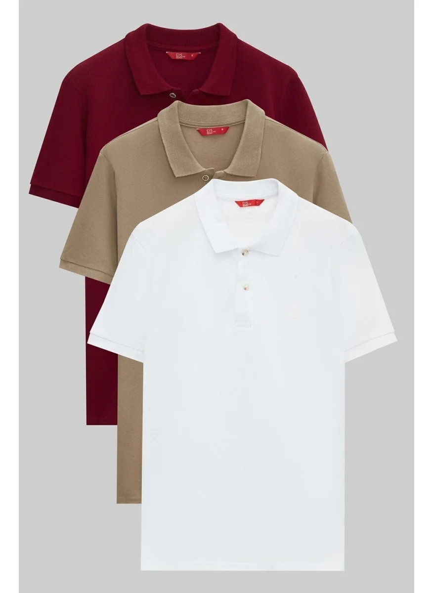 D'S DAMAT Ds Damat Regular Fit Claret Red/Mink/White Pique Textured 100% Cotton Polo Neck T-Shirt 6HC14ORTBN510