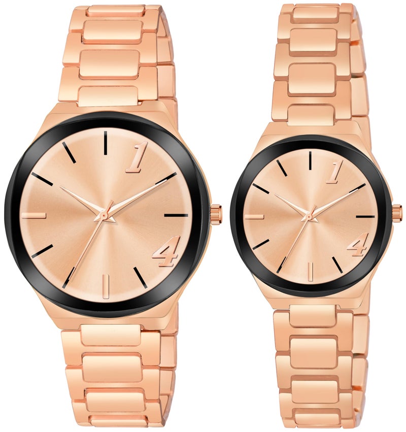 Acnos Stainless Steel Branded Uniq Rosegold Colours Dial Ring Case Gift Watch Analog Combo Couple Watches Men Women Watch Pack Of 2 Valentine's Day Special, Rose Gold Band - Image 1