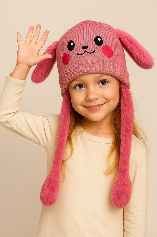 Krystle Funny Moving Ear Cap – Plush Bunny Hat with Air Pump Ears for Kids, Girls & Boys | Cute Animated Animal Winter Hat (Pink,5-12 Years) - Image 2