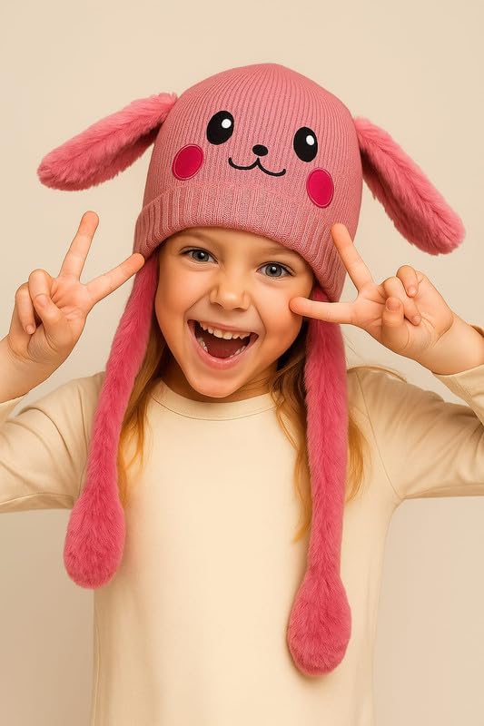 Krystle Funny Moving Ear Cap – Plush Bunny Hat with Air Pump Ears for Kids, Girls & Boys | Cute Animated Animal Winter Hat (Pink,5-12 Years) - Image 3