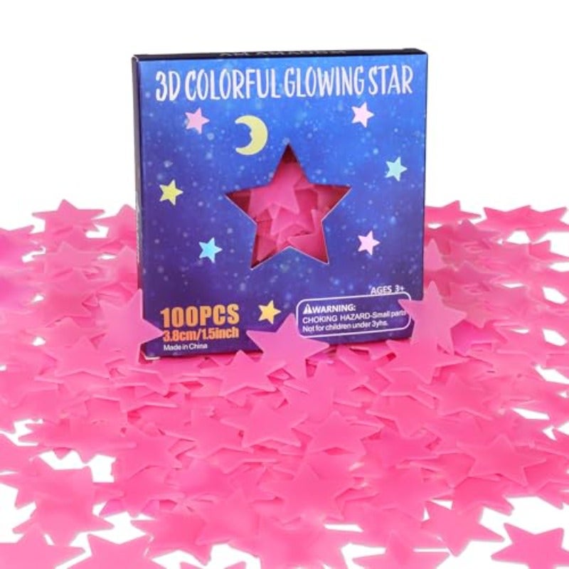 AM AMAONM 100pcs Glow in The Dark Luminous Stars Fluorescent Noctilucent Plastic Wall Stickers Murals Decals for Home Art Decor Nursery Ceiling Wall Decorate s Bedroom Room Pink - Image 1