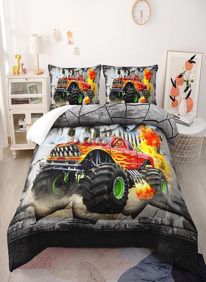 Suncloris Cartoon Monster Truck Comforter Set,Kids Boys Red Flame Roaring Truck with Enormous Wheels Pattern Quilted Duvet Bedroom Decor with 2 Pillow Cases (01, Twin) - Image 1