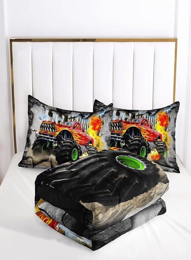 Suncloris Cartoon Monster Truck Comforter Set,Kids Boys Red Flame Roaring Truck with Enormous Wheels Pattern Quilted Duvet Bedroom Decor with 2 Pillow Cases (01, Twin) - Image 3