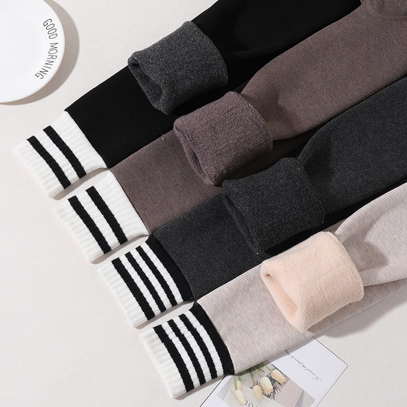 Winter New Children'S Leggings Baby Korean-Style Striped Ankle-Length Pants Fleece-Lined Thickened One-Piece Pants - Image 5