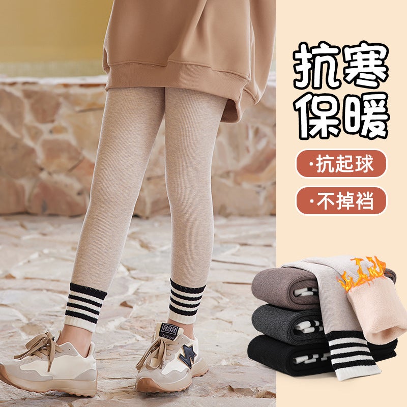Winter New Children'S Leggings Baby Korean-Style Striped Ankle-Length Pants Fleece-Lined Thickened One-Piece Pants - Image 3
