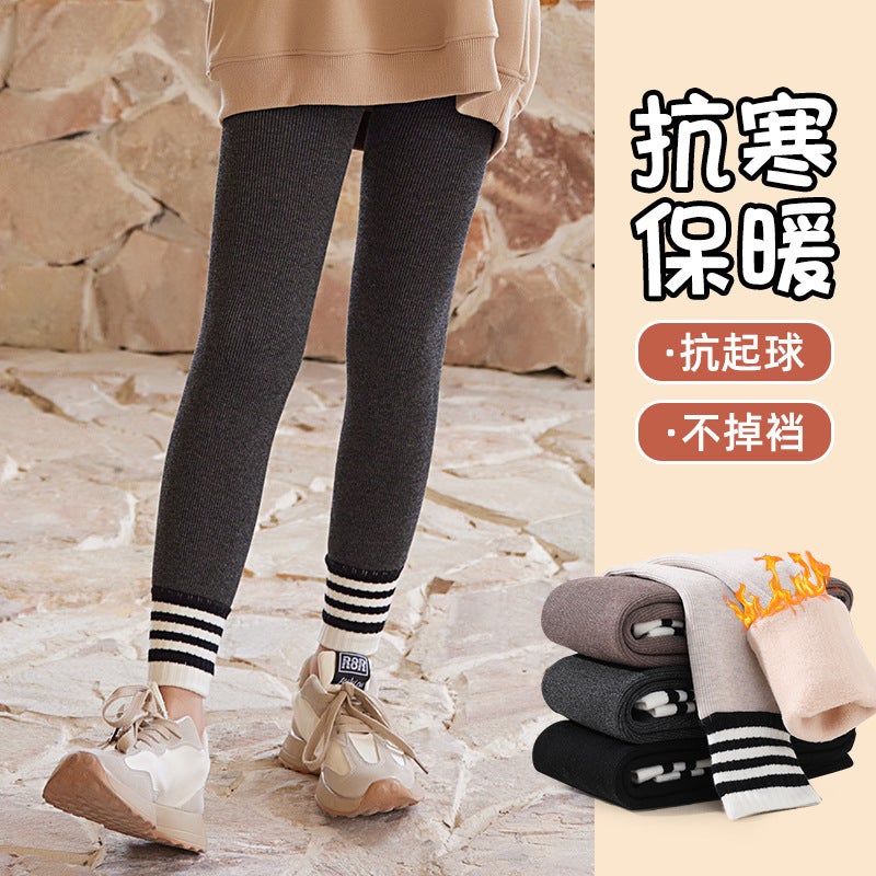 Winter New Children'S Leggings Baby Korean-Style Striped Ankle-Length Pants Fleece-Lined Thickened One-Piece Pants - Image 4