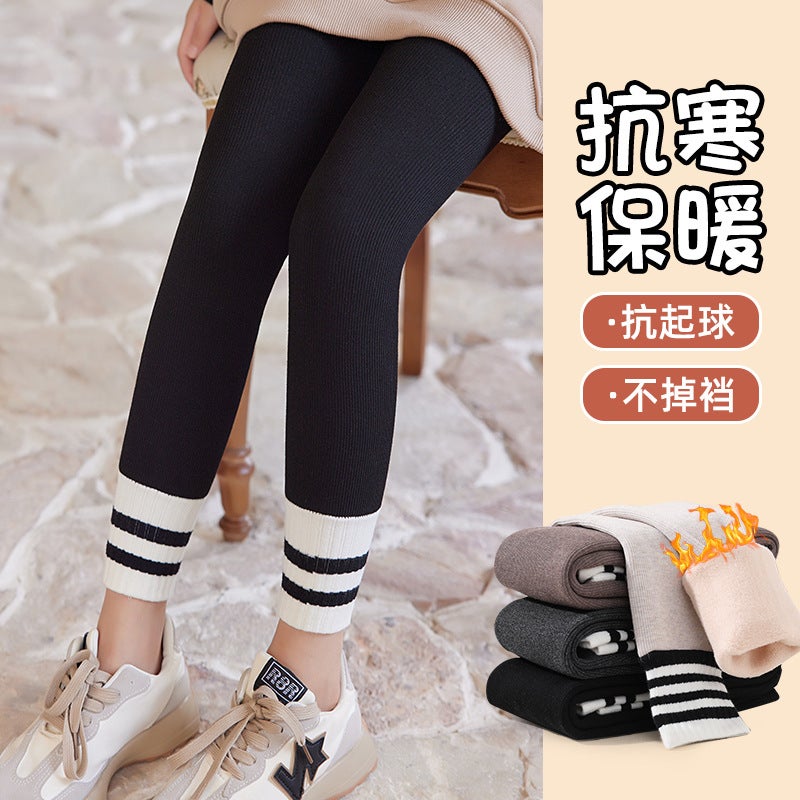 Winter New Children'S Leggings Baby Korean-Style Striped Ankle-Length Pants Fleece-Lined Thickened One-Piece Pants - Image 2