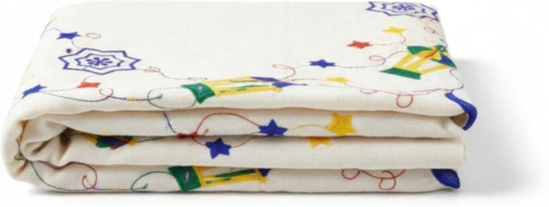 مفرش طاولة فاخر من الكتان بمقاس 1.5 × 1.5 متر، مطرز بألوان متعددة، مثالي لطاولة طعام أنيقة وديكور منزلي مميز.