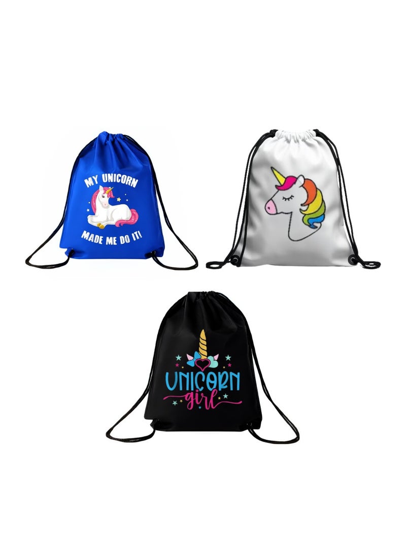 برينت شوب فور مي مجموعة من 3 حقائب برباط بتصميم وحيد القرن للفتيات - حقيبة ظهر رياضية متينة للأطفال، رائعة للمدرسة والاستخدام اليومي، خفيفة الوزن مع طباعة يونيكورن للاستخدام اليومي - Image 1