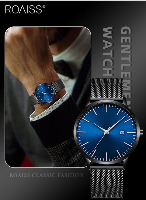 Men's Ultra-thin Watch, Simple and Classic Stainless Steel Mesh Strap, Analog Display Round Dial with Date Window, Waterproof Business Wristwatch as Gift for Men