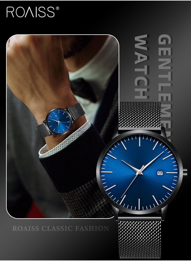 roaiss - Men's Ultra-thin Watch, Simple and Classic Stainless Steel Mesh Strap, Analog Display Round Dial with Date Window, Waterproof Business Wristwatch as Gift for Men - Image 1