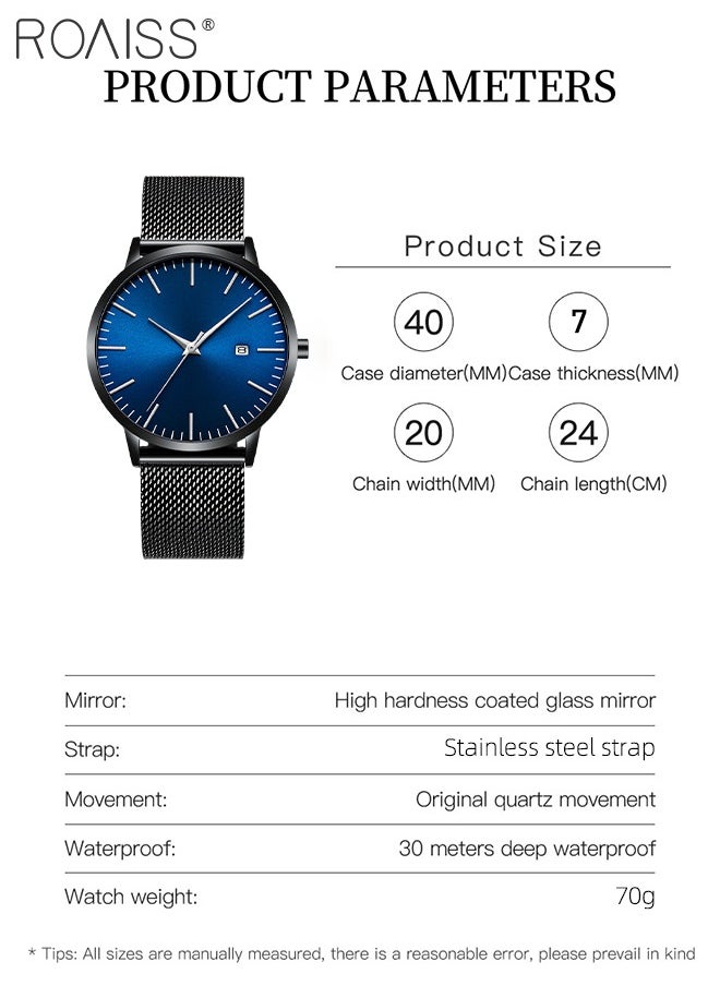 roaiss - Men's Ultra-thin Watch, Simple and Classic Stainless Steel Mesh Strap, Analog Display Round Dial with Date Window, Waterproof Business Wristwatch as Gift for Men - Image 1
