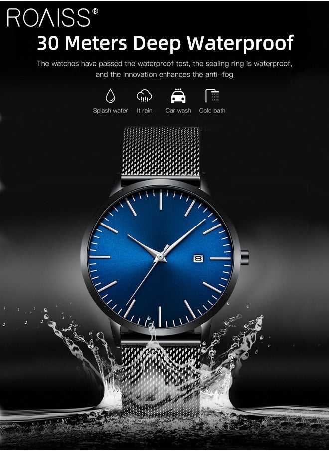 roaiss - Men's Ultra-thin Watch, Simple and Classic Stainless Steel Mesh Strap, Analog Display Round Dial with Date Window, Waterproof Business Wristwatch as Gift for Men - Image 1