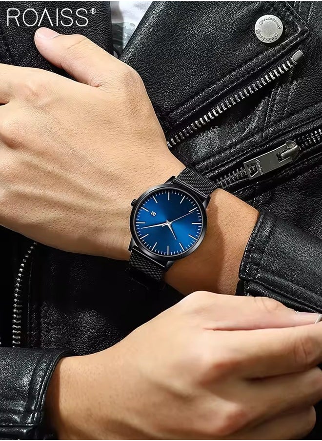 roaiss - Men's Ultra-thin Watch, Simple and Classic Stainless Steel Mesh Strap, Analog Display Round Dial with Date Window, Waterproof Business Wristwatch as Gift for Men - Image 1