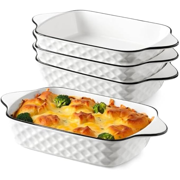 ريحني أطباق الخبز مجموعة من 4 أطباق لازانيا مستطيلة بحجم 34 أونصة تصميم ماسي أطباق خبز صغيرة من السيراميك وأدوات خبز مستطيلة بمقابض آمنة للفرن وآمنة للميكروويف - Image 1