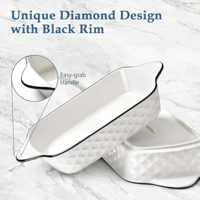 ريحني أطباق الخبز مجموعة من 4 أطباق لازانيا مستطيلة بحجم 34 أونصة تصميم ماسي أطباق خبز صغيرة من السيراميك وأدوات خبز مستطيلة بمقابض آمنة للفرن وآمنة للميكروويف - Image 3