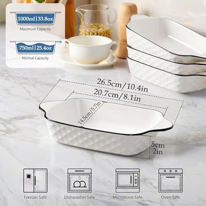 ريحني أطباق الخبز مجموعة من 4 أطباق لازانيا مستطيلة بحجم 34 أونصة تصميم ماسي أطباق خبز صغيرة من السيراميك وأدوات خبز مستطيلة بمقابض آمنة للفرن وآمنة للميكروويف - Image 2