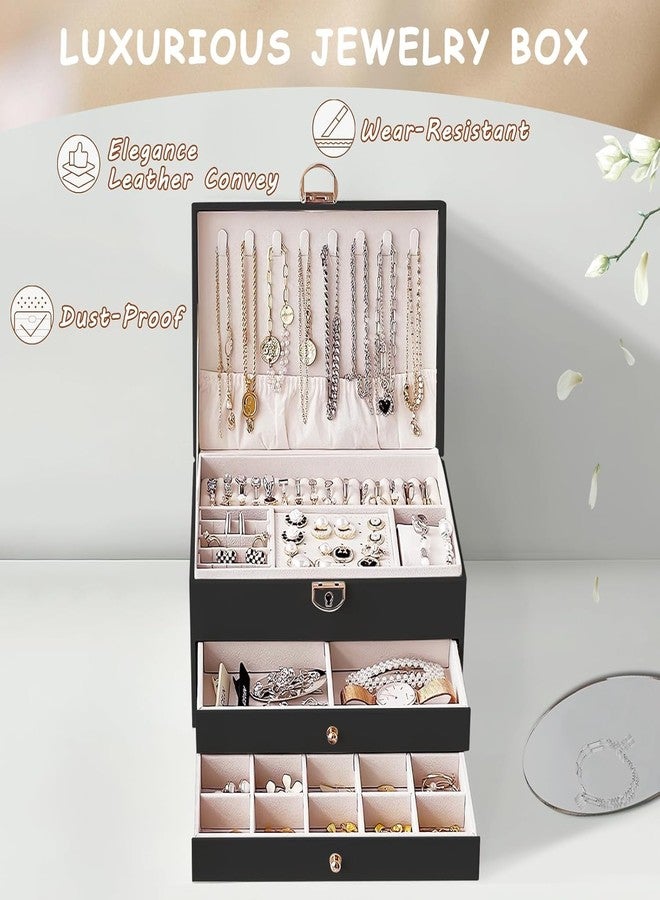 FEBLICH Jewellery Box For Women, 3 Layer Jwell Organizer Storage Box, Jewellery Box, Jewellery Organisers Box, Elegant Storage Case For Rings, Earrings, Necklaces & Bracelets (Black) - Image 3