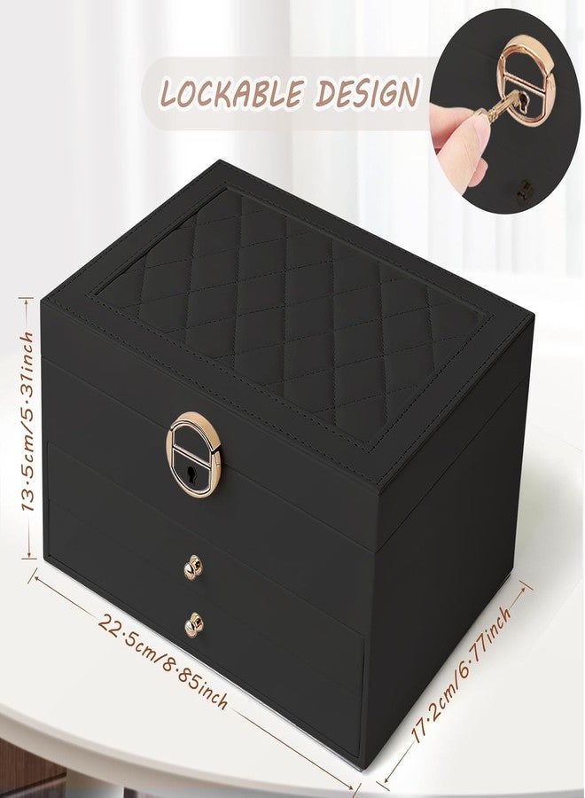 FEBLICH Jewellery Box For Women, 3 Layer Jwell Organizer Storage Box, Jewellery Box, Jewellery Organisers Box, Elegant Storage Case For Rings, Earrings, Necklaces & Bracelets (Black) - Image 2
