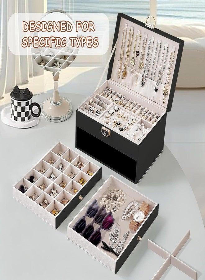 FEBLICH Jewellery Box For Women, 3 Layer Jwell Organizer Storage Box, Jewellery Box, Jewellery Organisers Box, Elegant Storage Case For Rings, Earrings, Necklaces & Bracelets (Black) - Image 5