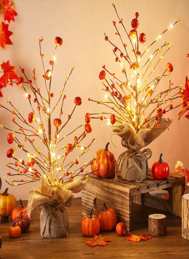 Ganeen مجموعة غانين المكونة من قطعتين من زينة شجرة الخريف المضيئة لعيد الشكر، مزودة بإضاءة LED، مقاس 18 بوصة، تُضفي لمسة جمالية على طاولة الطعام، وتتميز بقاعدة من الخيش الريفي، وتُستخدم كقطعة مركزية للطاولة، وتُضفي لمسة ريفية على ديكور المنزل والمكتب. - Image 2
