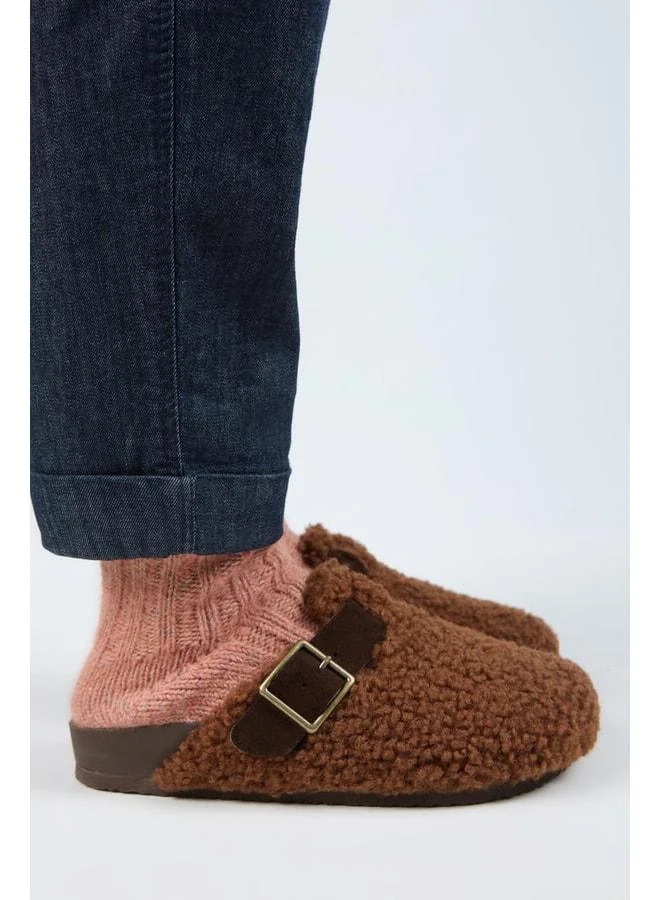 Suzen Women's Genuine Leather Belted Tedy Coffee Slippers