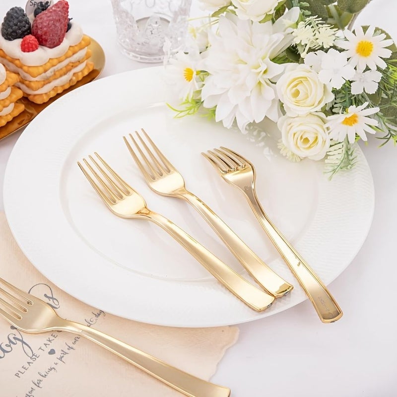 30 Golden Plastic Forks for Weddings Parties Picnics and Everyday Use - Image 2