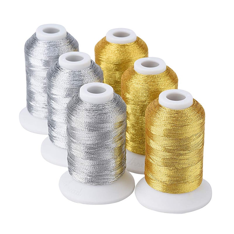 Simthread 6 Spools Metallic Embroidery Machine Thread 3 Gold 3 Silver Colors 500M550Y for Embroidery and Decorative Sewing