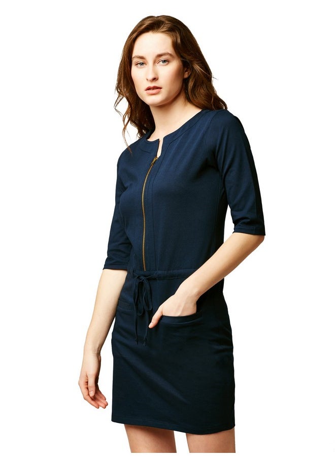 Miss Chase - Miss Chase Women's Round Neck 3/4 Sleeves Solid Mini Shift Dress with Zip Closure | 2 Colors(MCSS18D11-25-71-04, Navy Blue, Medium) - Image 1