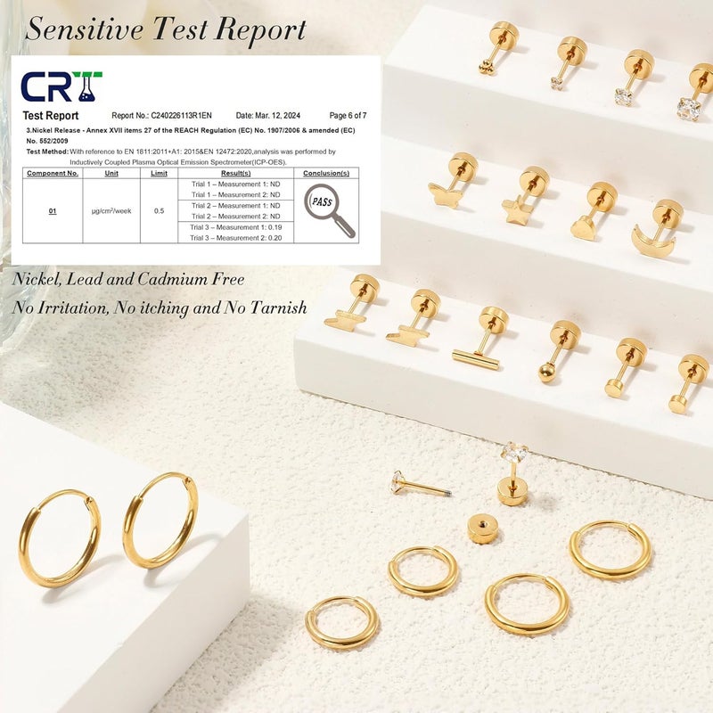 erorex Hypoallergenic Surgical Steel Earrings for Sensitive Ears, 14K Gold Flat Back Studs and Small Stainless Steel Screw Back Hoops, Comfortable for Sensitive Ears, Ideal for Multiple Piercings, Unisex - Image 3