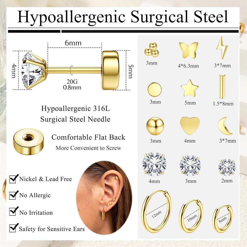 erorex Hypoallergenic Surgical Steel Earrings for Sensitive Ears, 14K Gold Flat Back Studs and Small Stainless Steel Screw Back Hoops, Comfortable for Sensitive Ears, Ideal for Multiple Piercings, Unisex - Image 2