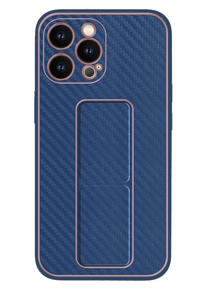 CATANES iPhone 13 Pro Max Carbon Fiber Texture Case Cover with Finger Grip Loop and Foldable Stand Blue  - Image 1