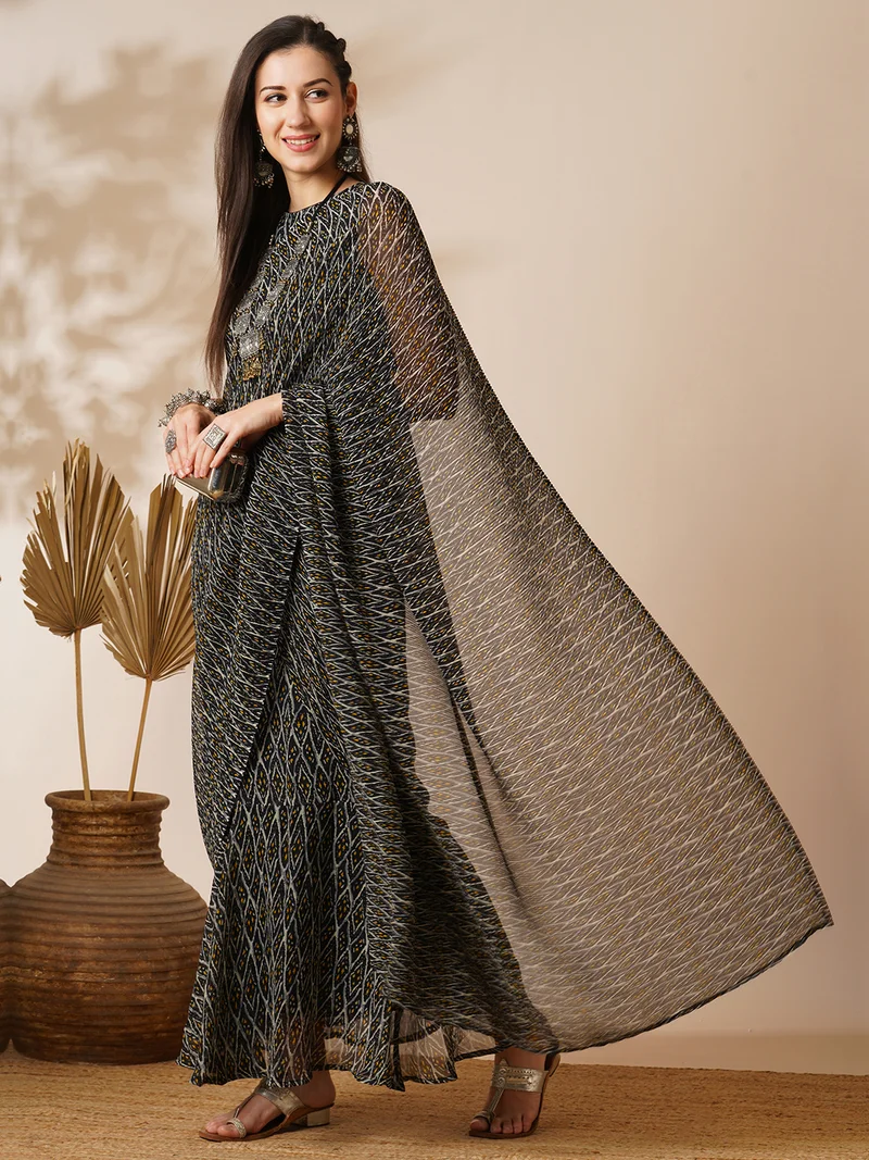 globus Women Poly Georgette Ready To Wear Ikat Saree