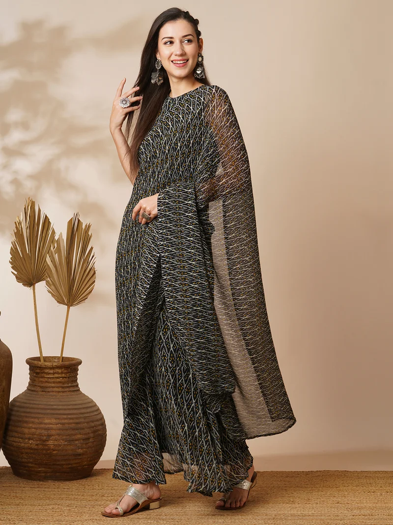 globus Women Poly Georgette Ready To Wear Ikat Saree