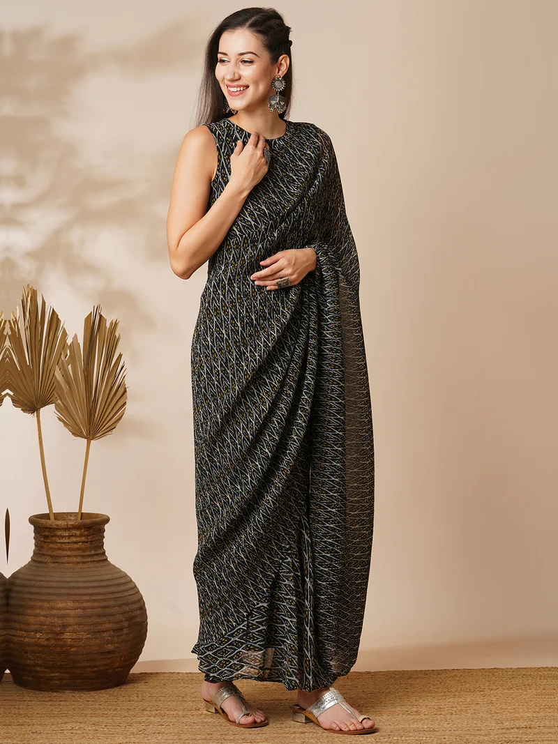 globus Women Poly Georgette Ready To Wear Ikat Saree