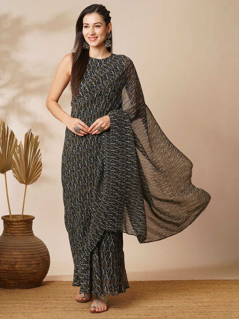 globus Women Poly Georgette Ready To Wear Ikat Saree