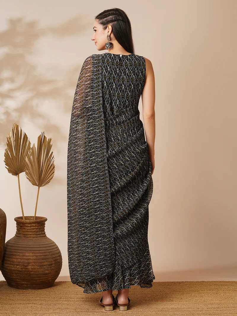 globus Women Poly Georgette Ready To Wear Ikat Saree