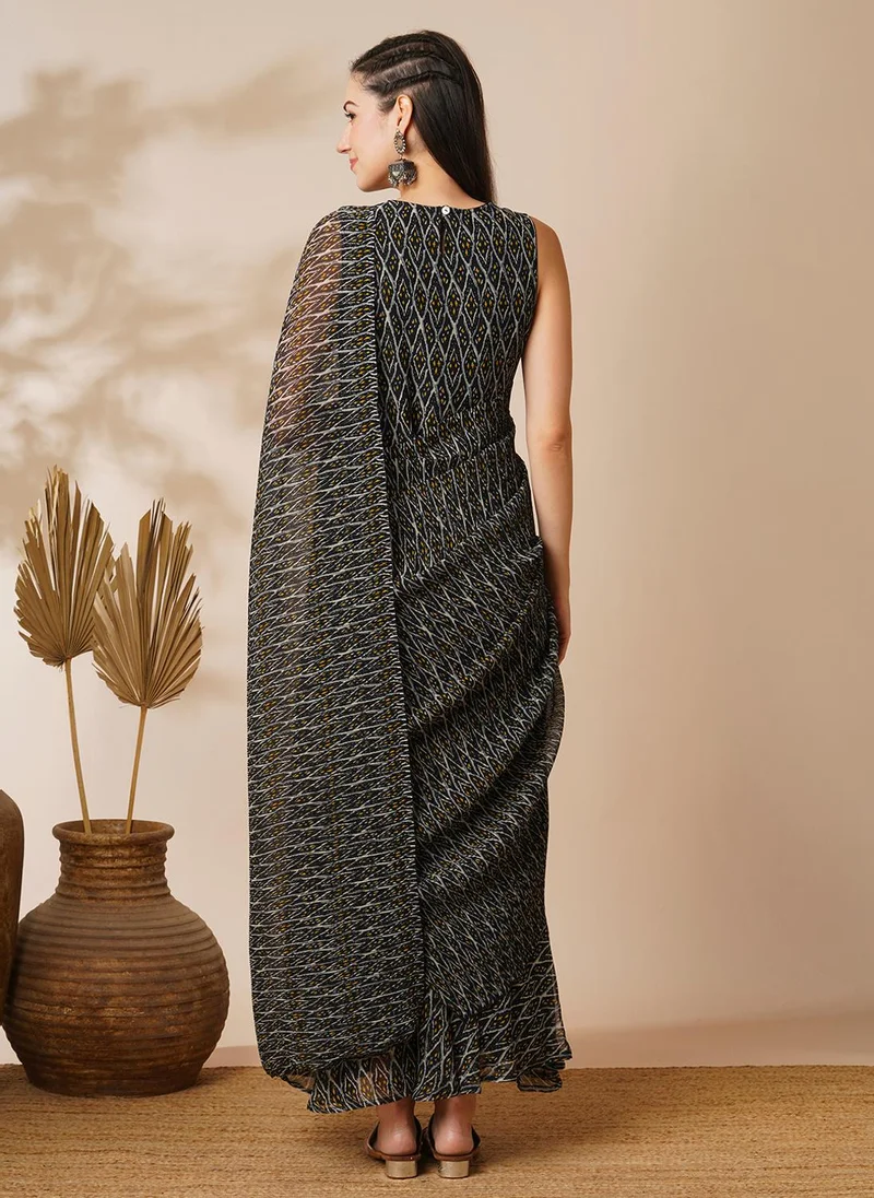 globus Globus Women Poly Georgette Ready To Wear Ikat Saree