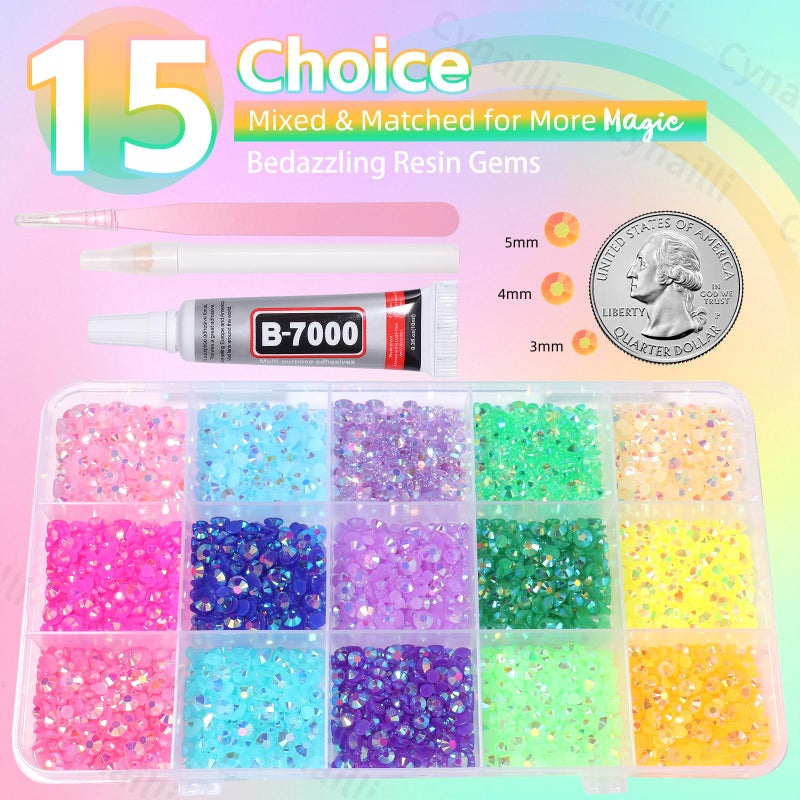 Cynailli 15 Grids Resin Rhinestones for Crafting, Colors Bedazzling Gems Kit, Jelly Resin Rhinestones for Nails Face Eyes Makeup Crafts Tumblers Bottles - Image 3