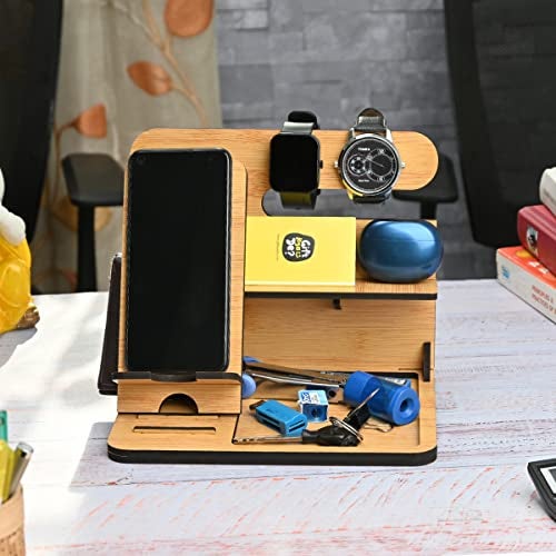 Gift Kya De GKD Wooden Desk Organizer & Docking Station 6 in 1 with Mobile Stand | Table Organizer for Office & Home | Gift for Husband, Brother & valentine gift for boyfriend | Birthday Gift (Bamboo) - Image 2