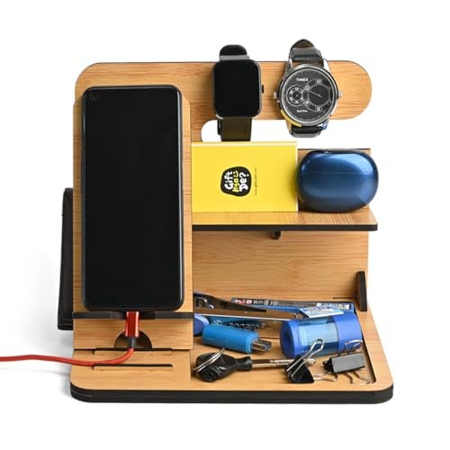 Gift Kya De GKD Wooden Desk Organizer & Docking Station 6 in 1 with Mobile Stand | Table Organizer for Office & Home | Gift for Husband, Brother & valentine gift for boyfriend | Birthday Gift (Bamboo) - Image 1