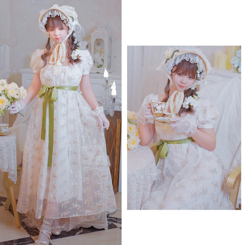 Vibsion Regency Dresses for Women Luxurious Embroidered Lace Empire Waist Dress 1800s Vintage Victorian Ball Gown XXL - Image 2