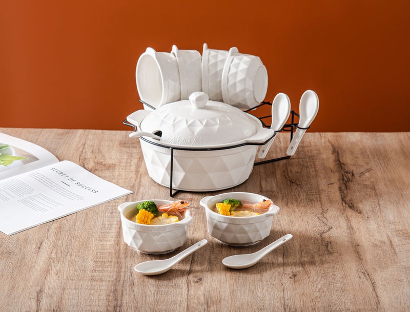 دوف طقم زبديات شوربة بورسلان 16 قطعة مع ستاند معدني أسود – أبيض (زبدية 11 إنش + غطاء + 6 زبديات + ملاعق شوربه + 6 ملاعق)