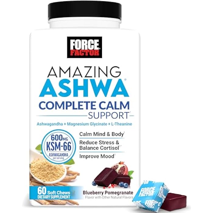 Force Factor فورس فاكتور أميزينغ أشووا دعم كامل للهدوء مع KSM-66 أشواغاندا، مثل حلوى أشواغاندا لتعزيز الهدوء والاسترخاء مع المغنيسيوم و L-ثيانين، توت أزرق ورمان، 60 مضغوطة ناعمة - Image 1
