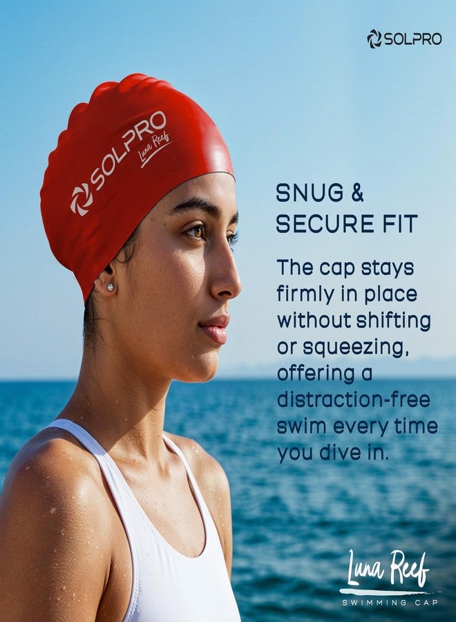 Solpro Luna Reef Unisex Swimming Cap|for Men,Women,Boys,Girls,Athletes,Swimmers|for Training,Competition in Swimming Pool,Water Sport,Beach,Water Park & Activties|One Size Fits All(Red) - Image 3